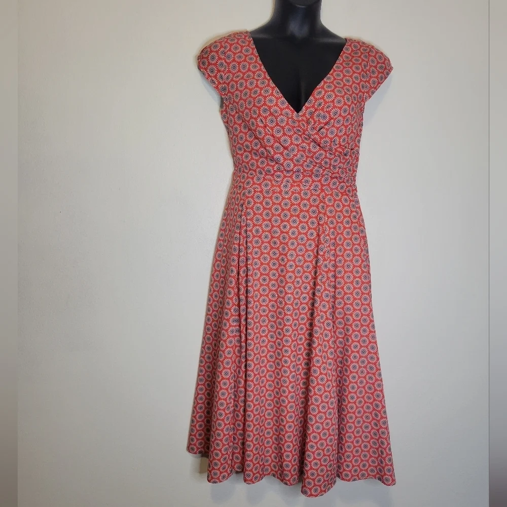 Eshakti red with blue floral print pin up dress pockets